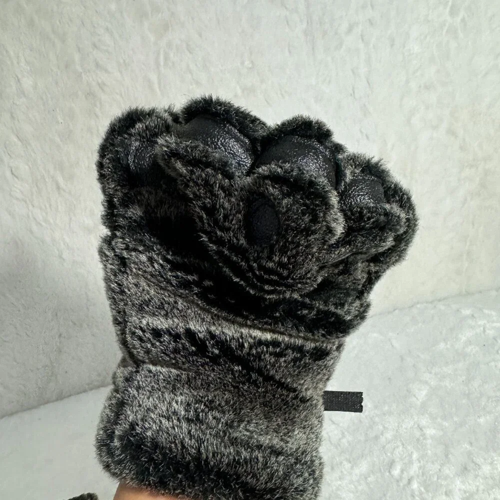 Bear Hands Fuzzy Paw Mittens W/ Non-Slip Grip & Thinsulate Lining Black Faux Fur